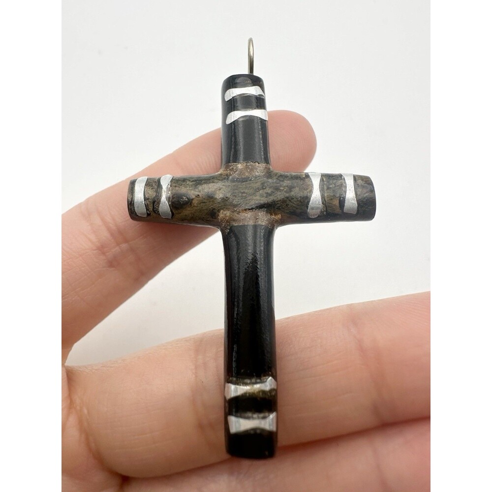 vintage Mixed Metal wood carved cross pendant